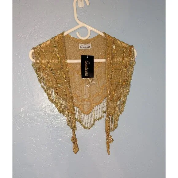 Gold Beaded Fringe Shawl Wrap New Years Christmas Party Festive - Picture 9 of 12